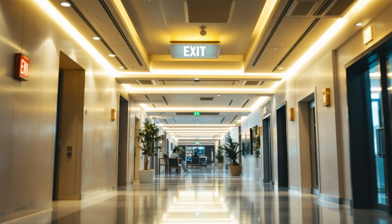 A photograph of capture a photograph of a well-lit commercial space featuring strategically placed exit lighting that highlights safety and accessibility