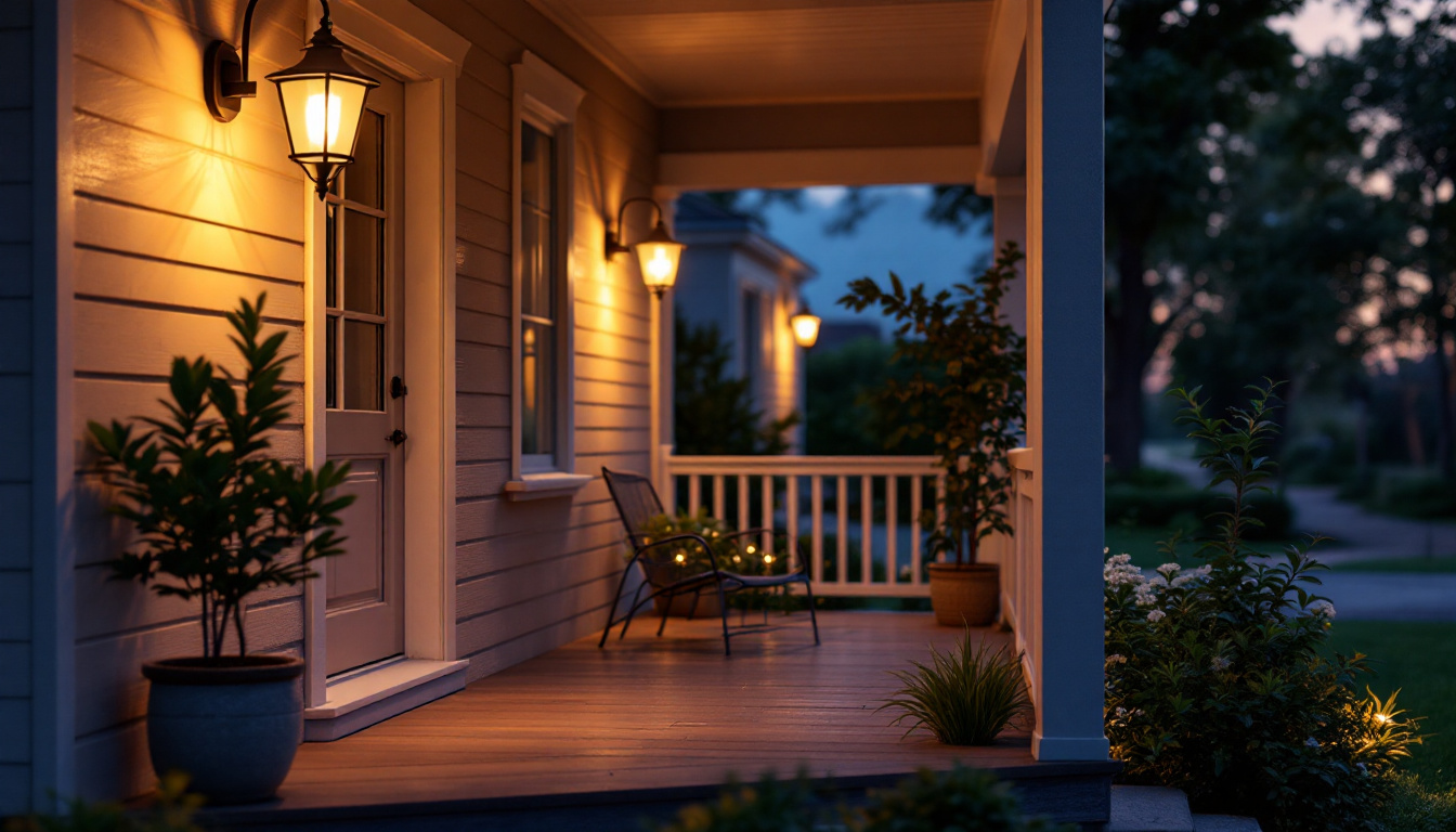 A photograph of a beautifully illuminated exterior porch featuring a stylish light fixture