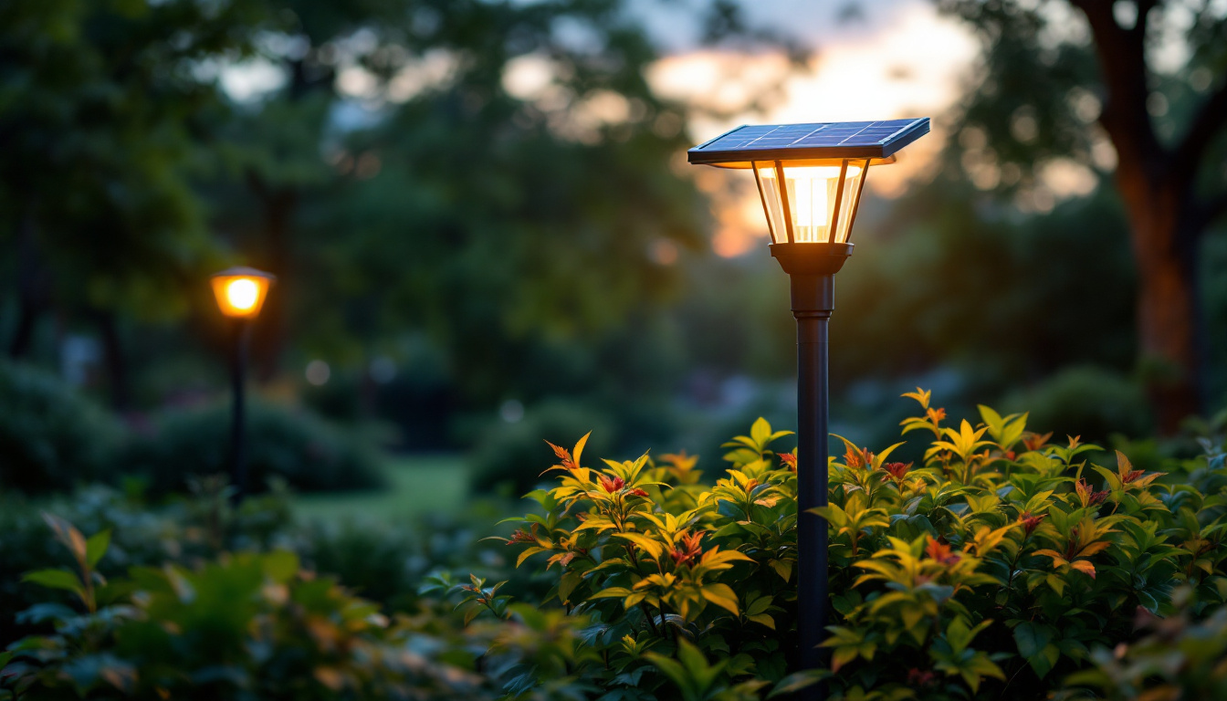 A photograph of a solar lamp post illuminated at dusk in a lush