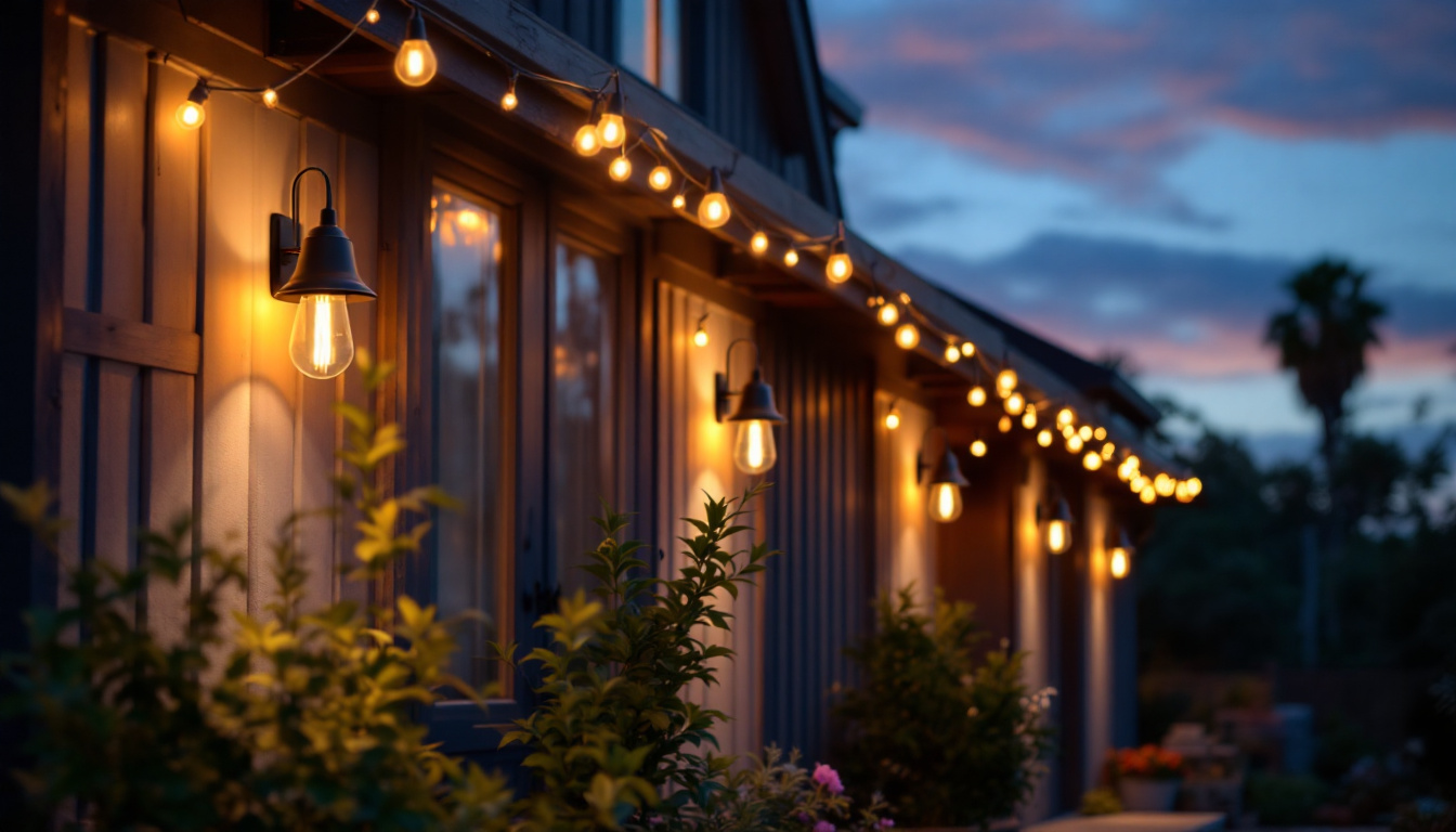 A photograph of a beautifully illuminated outdoor space featuring stylish barn light fixtures