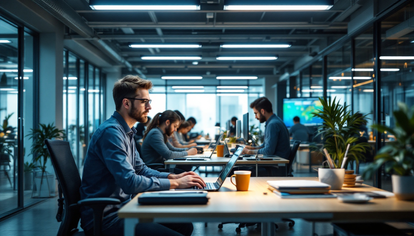 A photograph of a well-lit workspace featuring flat panel led lights