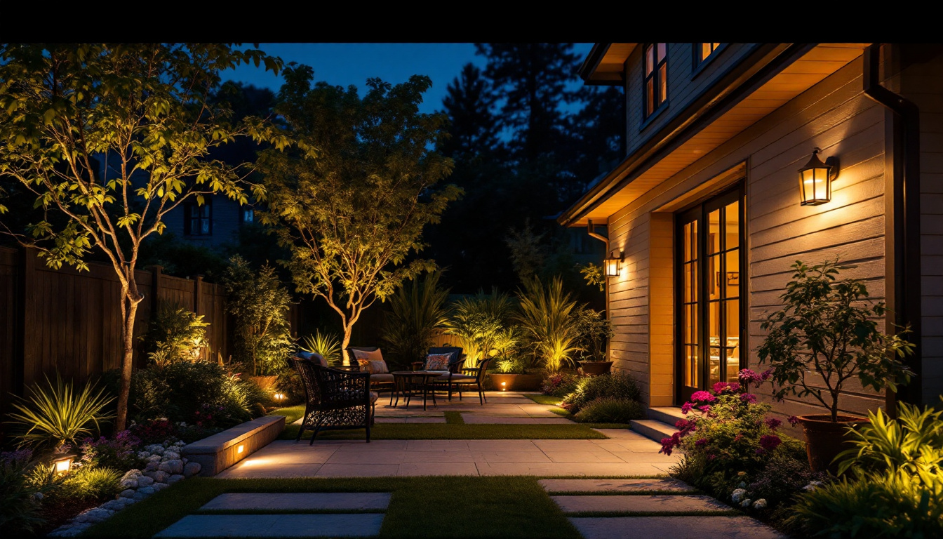 A photograph of a beautifully lit outdoor space showcasing various types of outdoor lights installed in a residential setting