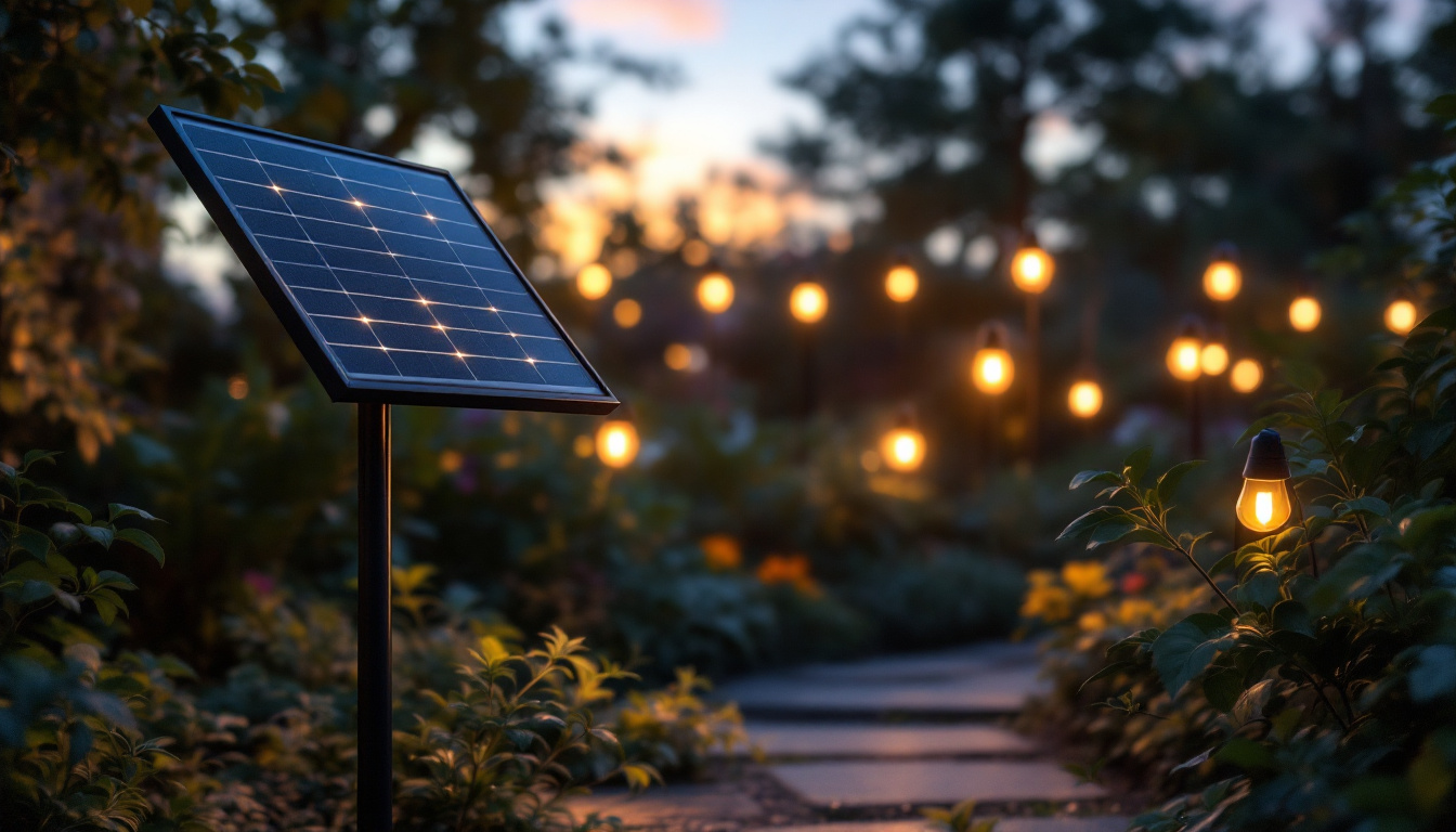 A photograph of capture a photograph of a serene outdoor setting illuminated by solar panel lights at dusk