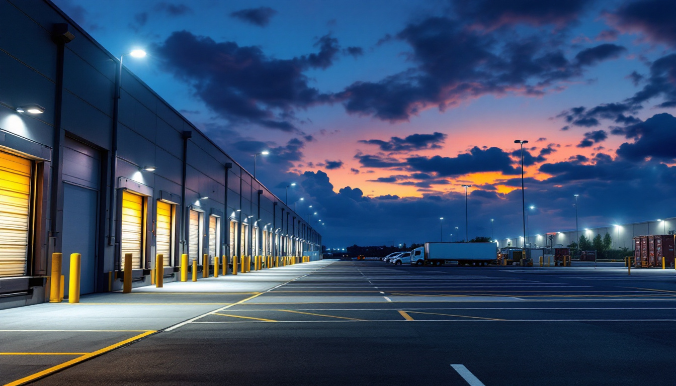 A photograph of a well-lit industrial or commercial setting at dusk