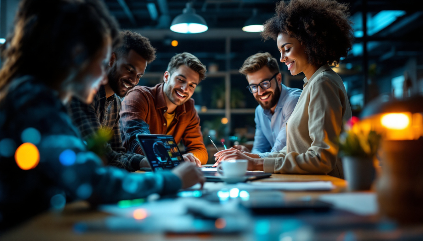 A photograph of capture a photograph of a dynamic workspace featuring a diverse team collaborating over advanced technology and digital tools