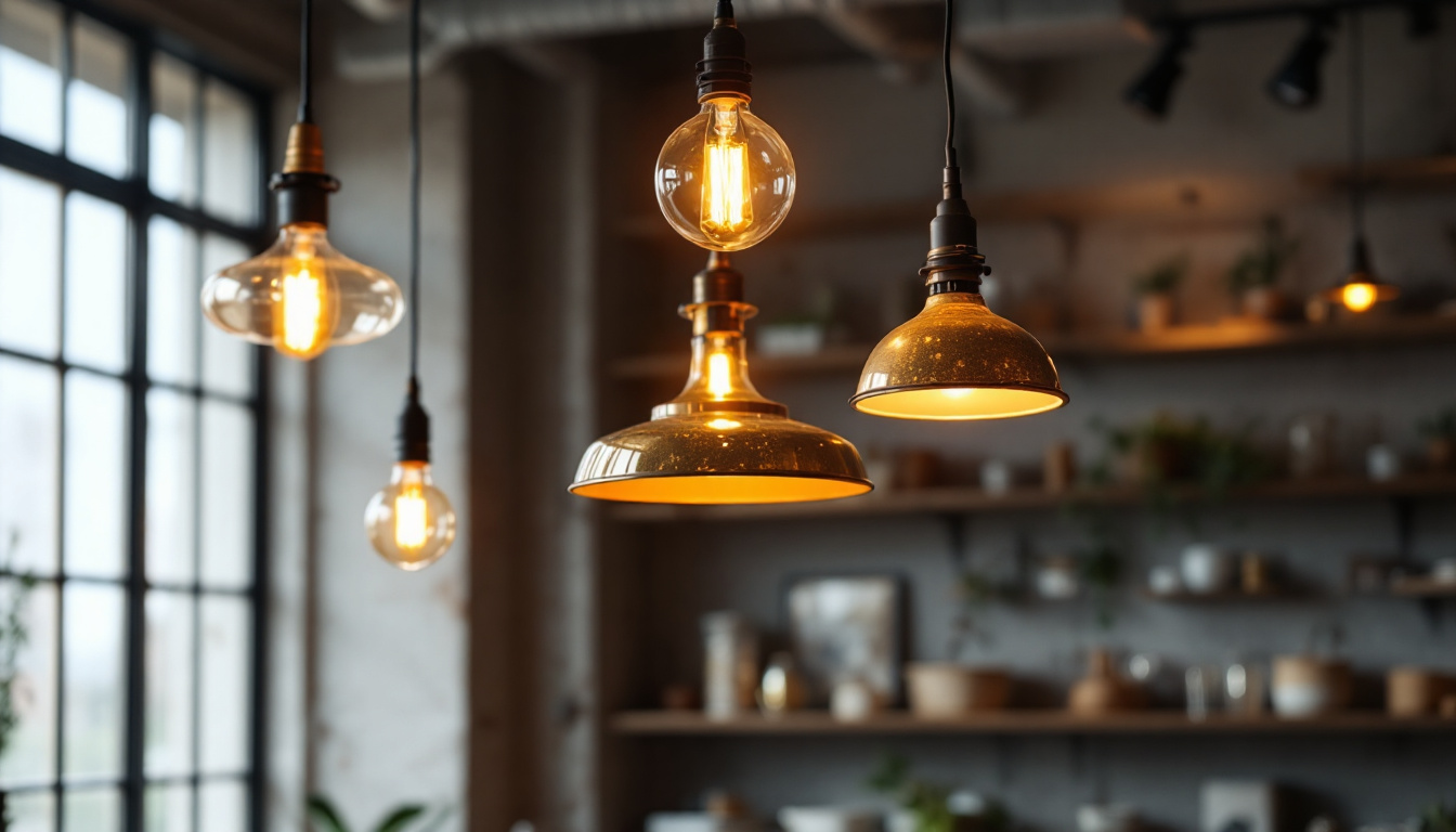 A photograph of a stylish industrial space featuring unique pendant lights that highlight the blend of functionality and aesthetic appeal