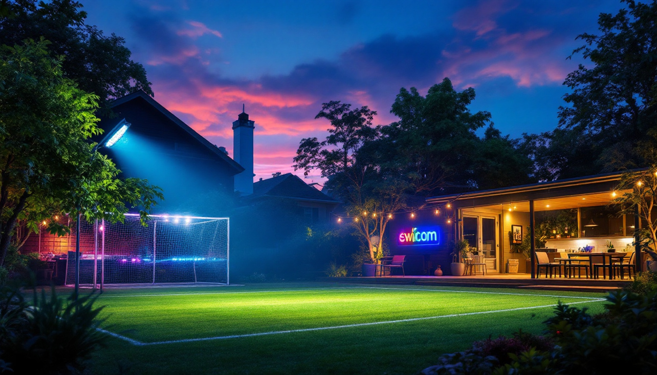 A photograph of a vibrant outdoor scene showcasing led floodlights illuminating various settings