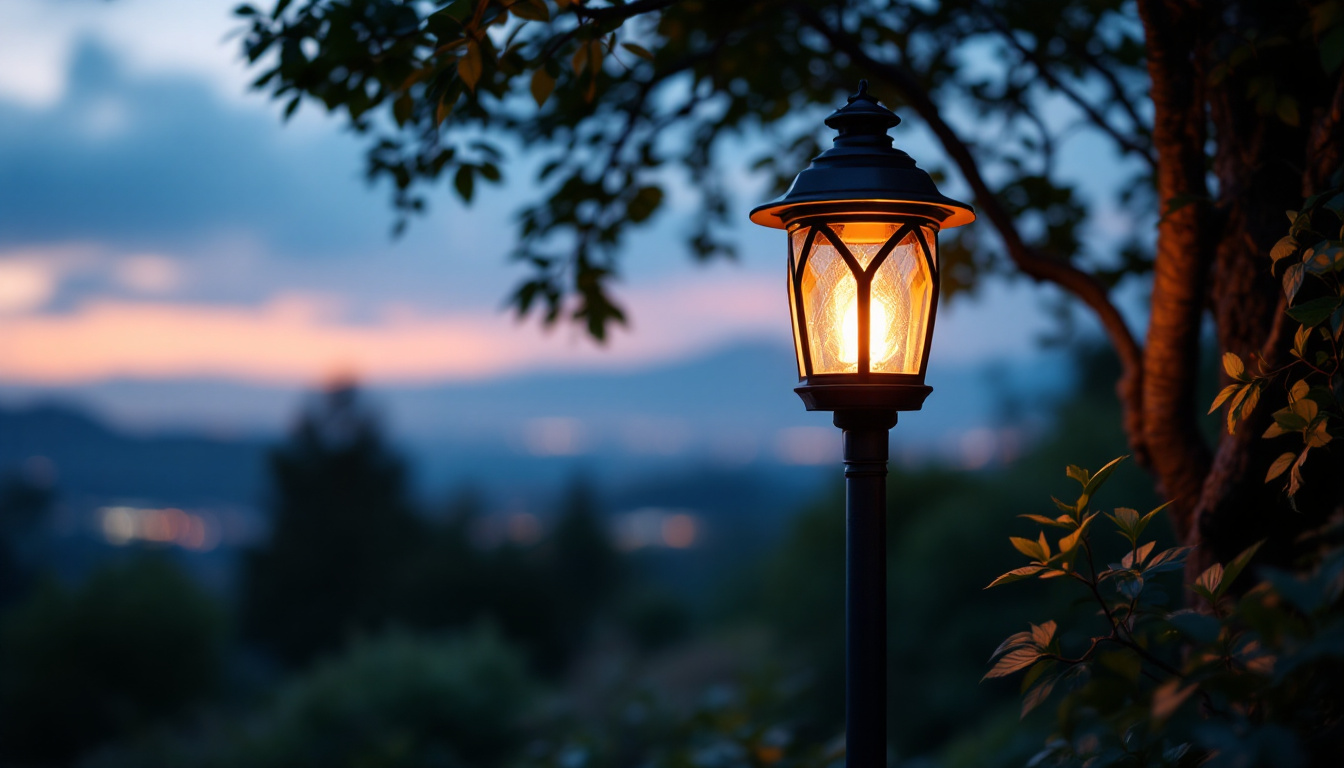 A photograph of a solar lantern installed in a serene outdoor setting at dusk