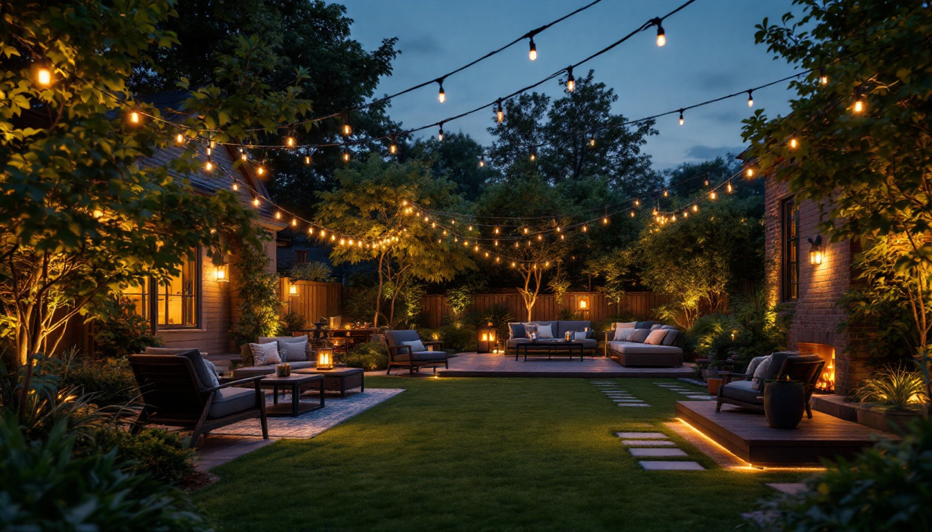 A photograph of a beautifully illuminated backyard at dusk