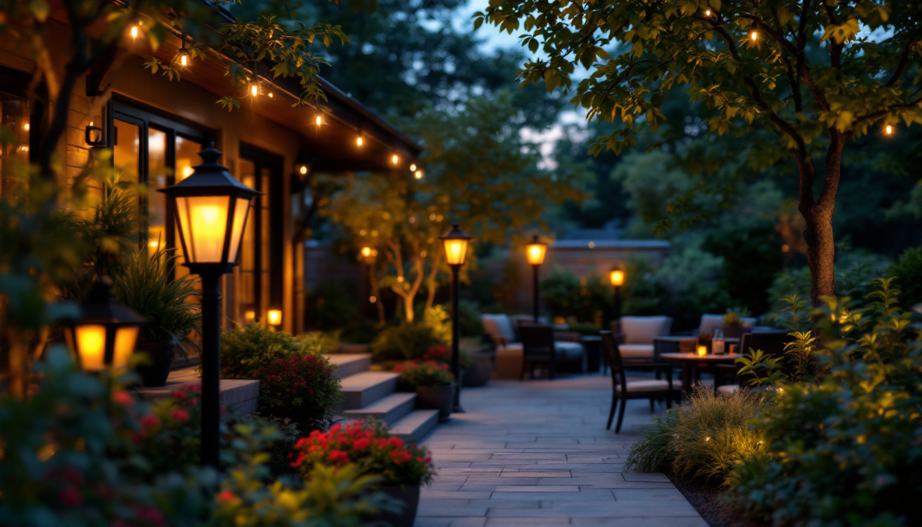 A photograph of a beautifully illuminated outdoor space featuring stylish post lanterns that highlight their energy-efficient design