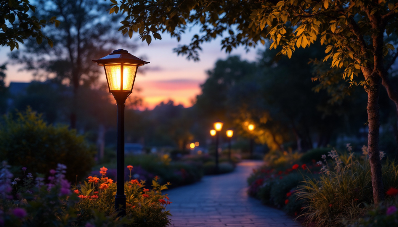 A photograph of a beautifully illuminated solar lamp post light in a vibrant outdoor setting