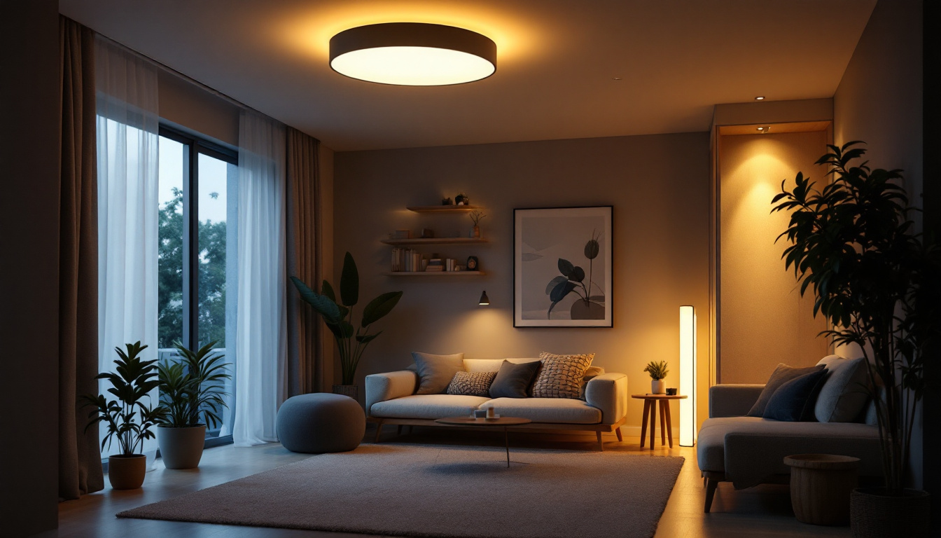 A photograph of a modern living space featuring stylish ceiling pot lights illuminating the room