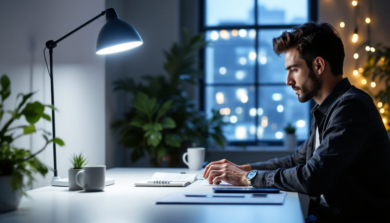 A photograph of a modern workspace featuring a sleek led light panel illuminating the area