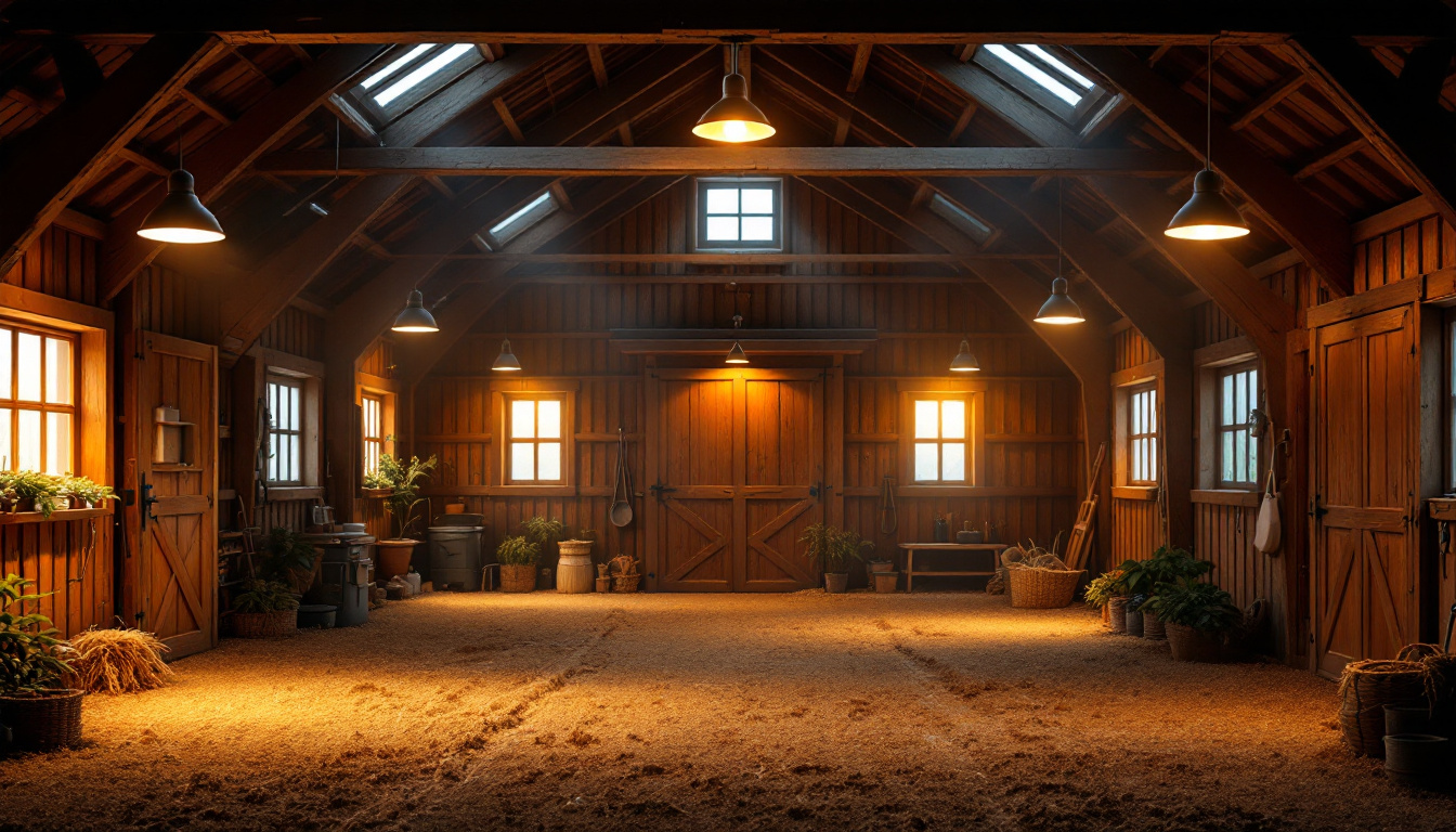 A photograph of a well-lit barn interior showcasing various types of lighting fixtures in use