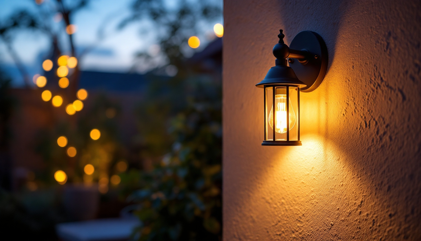 A photograph of a beautifully designed outdoor wall lamp illuminating a cozy patio or garden space at dusk