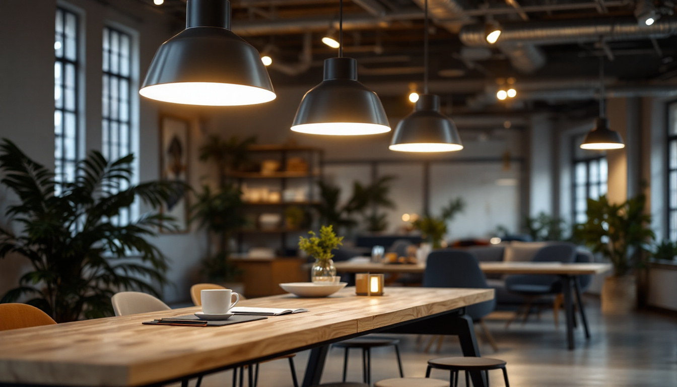 A photograph of a modern industrial workspace featuring sleek led pendant lights illuminating a collaborative area