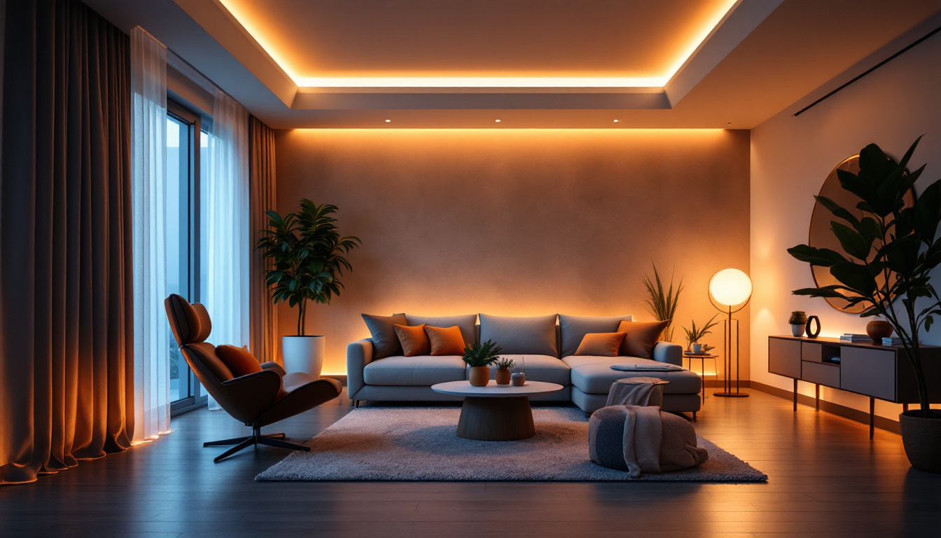 A photograph of a stylishly designed modern living space illuminated by warm led home lighting fixtures