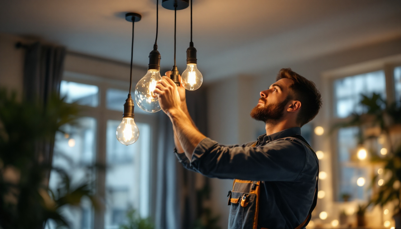 A photograph of a skilled electrician or diy enthusiast carefully installing a stylish light fixture in a well-lit room