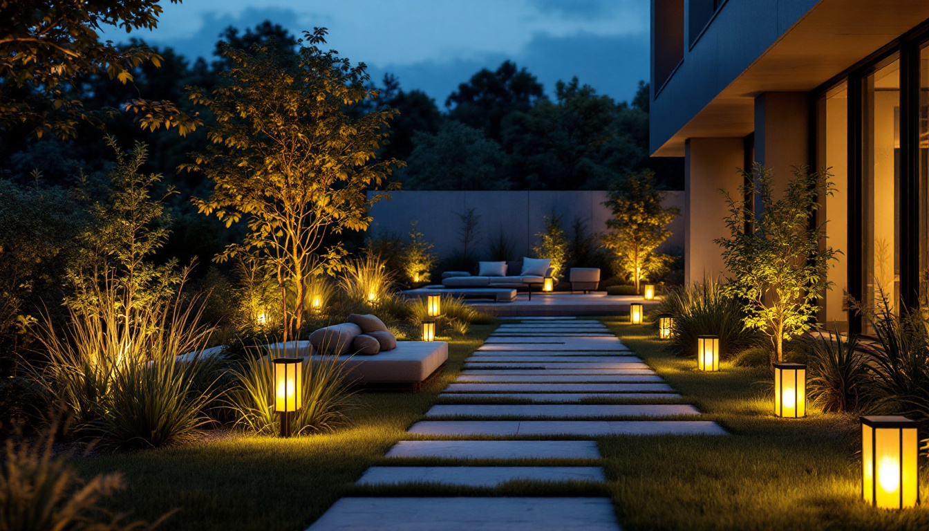 A photograph of a beautifully illuminated modern outdoor space featuring stylish solar garden lights