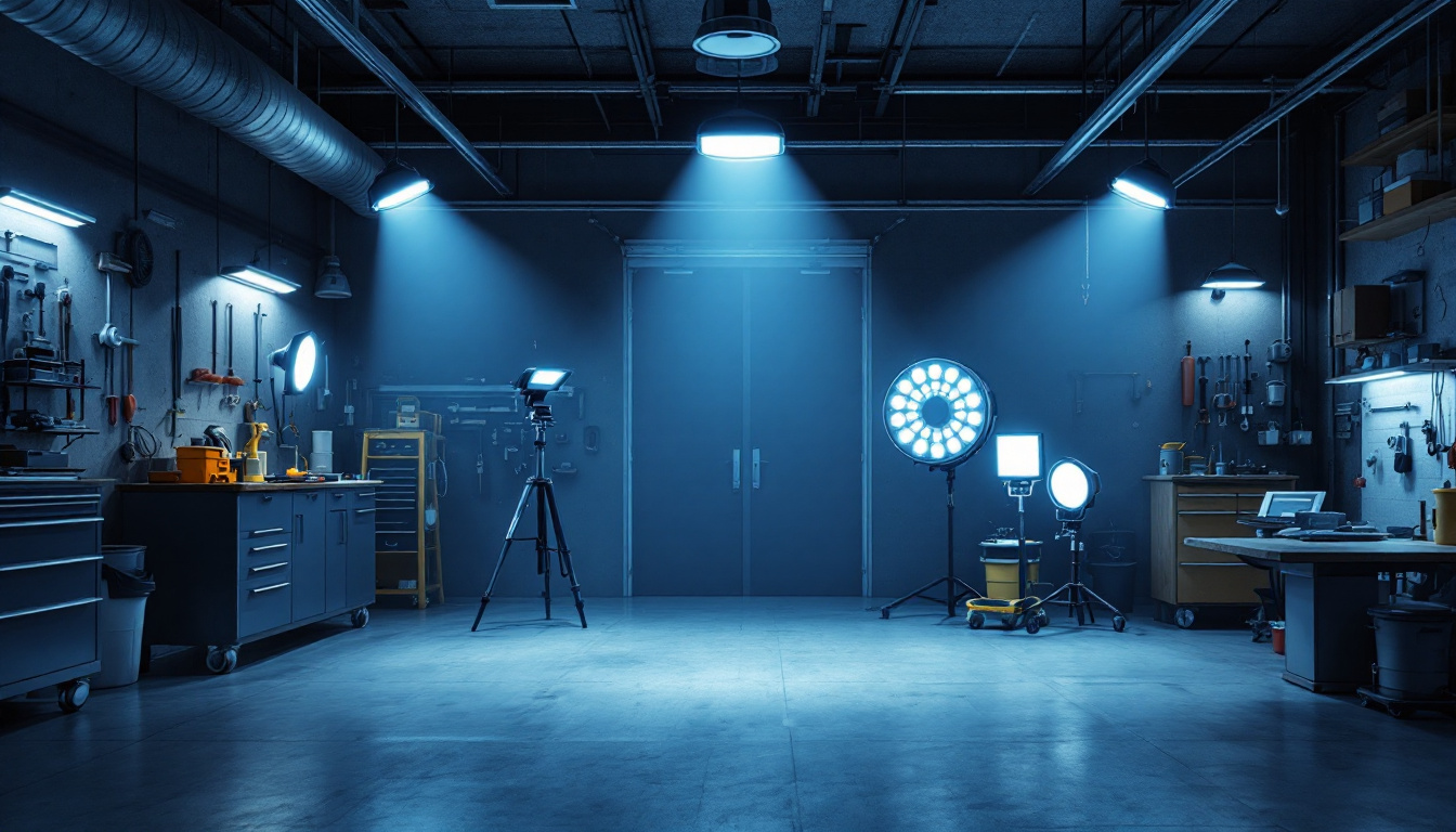 A photograph of a well-lit garage showcasing various led lights in use