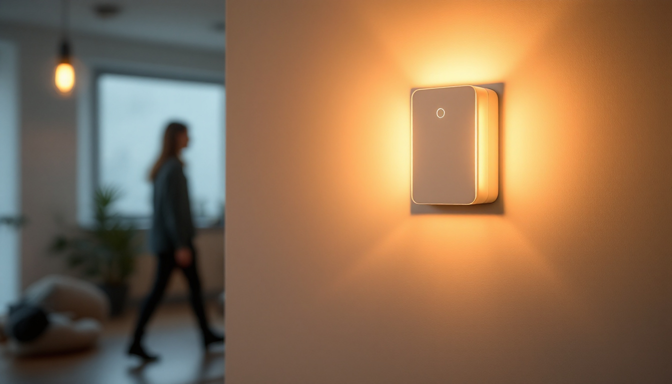 A photograph of a well-lit room showcasing a stylish motion-activated switch in action