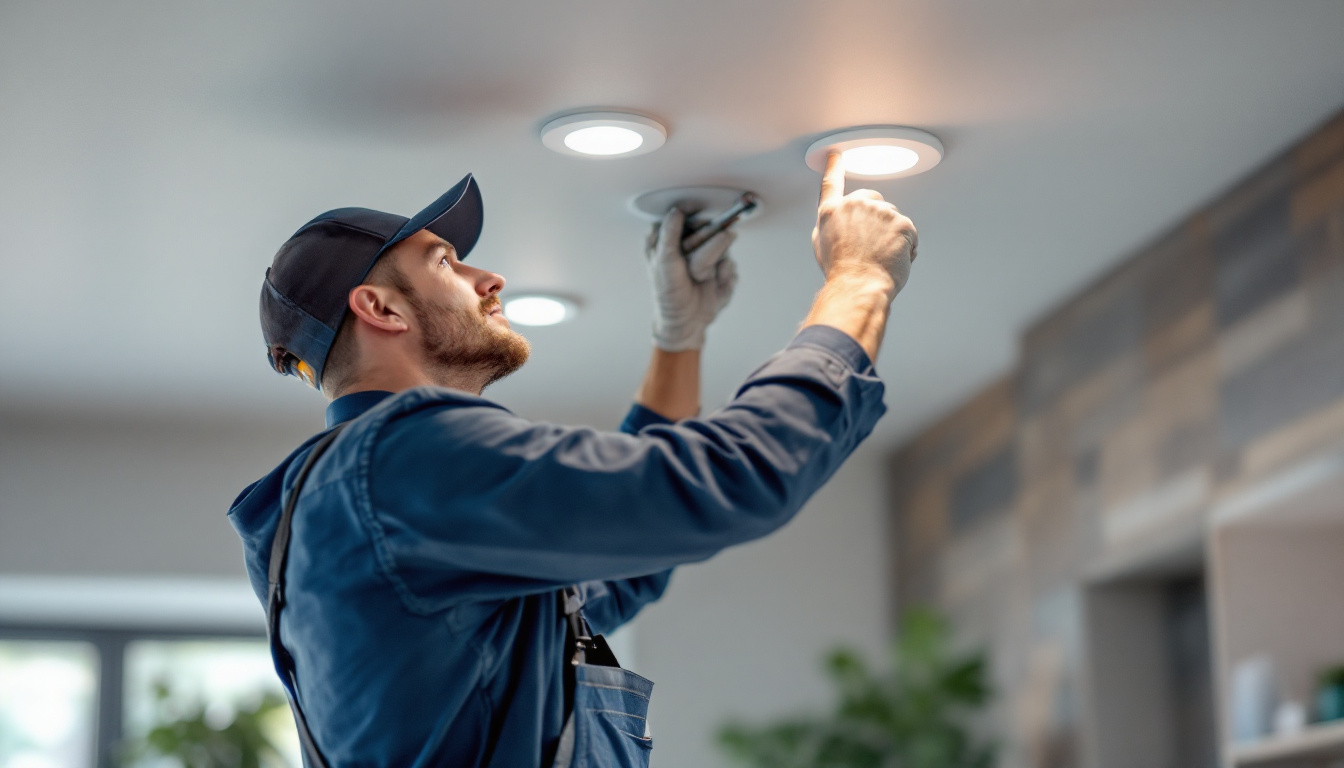 A photograph of a skilled electrician installing recessed led lights in a modern ceiling