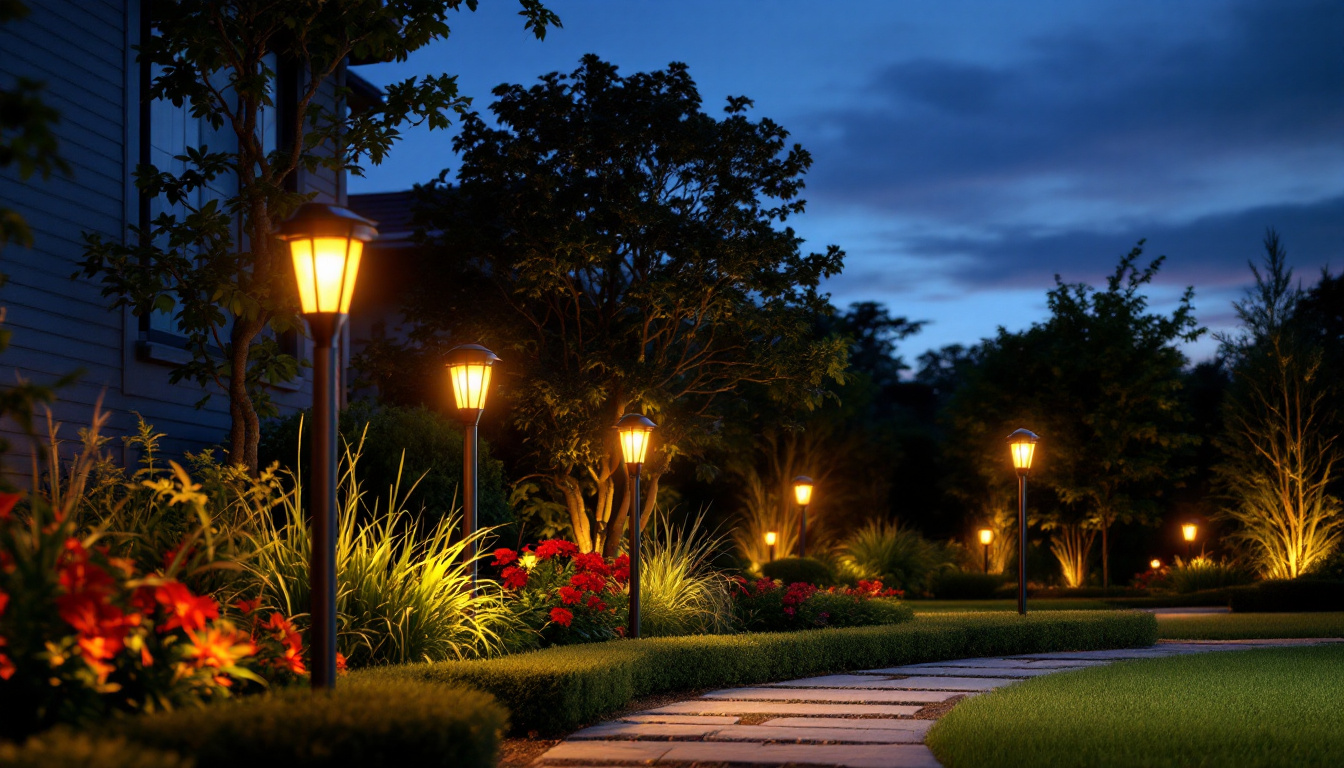 A photograph of a beautifully landscaped garden at dusk