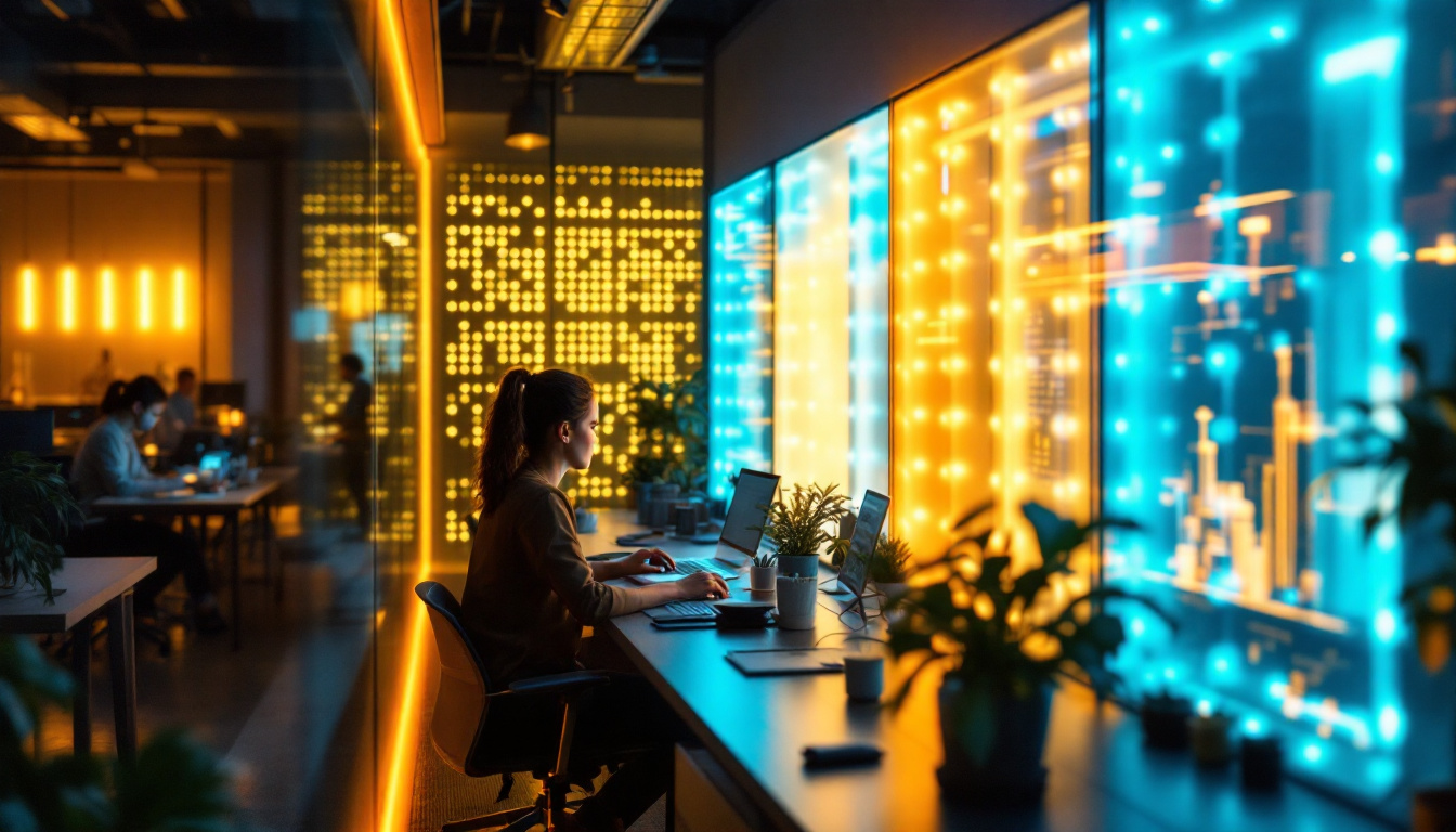 A photograph of a modern industrial workspace showcasing vibrant led light walls