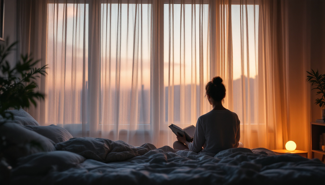 A photograph of a serene bedroom scene at dusk