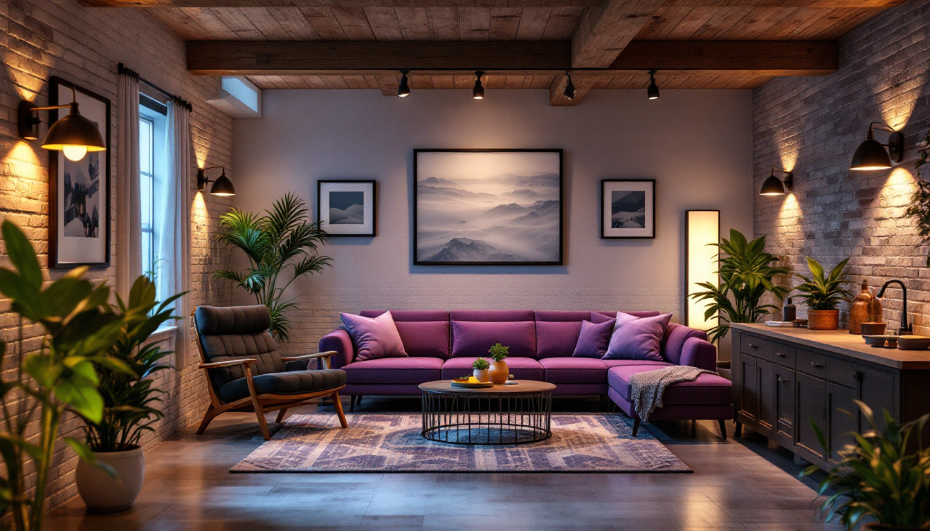 A photograph of a well-lit basement featuring a variety of stylish lighting options