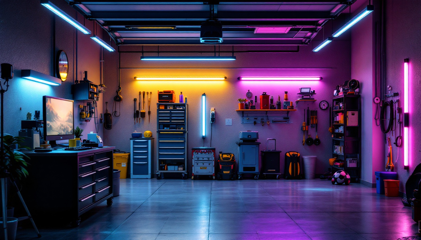 A photograph of a well-lit garage showcasing various led lighting installations