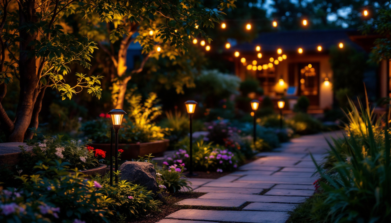 A photograph of a beautifully illuminated outdoor space featuring home depot solar lamps