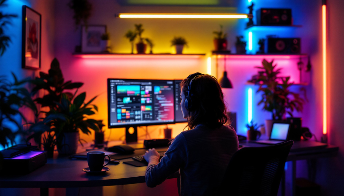 A photograph of capture a photograph of a modern workspace illuminated by vibrant rgb led lights