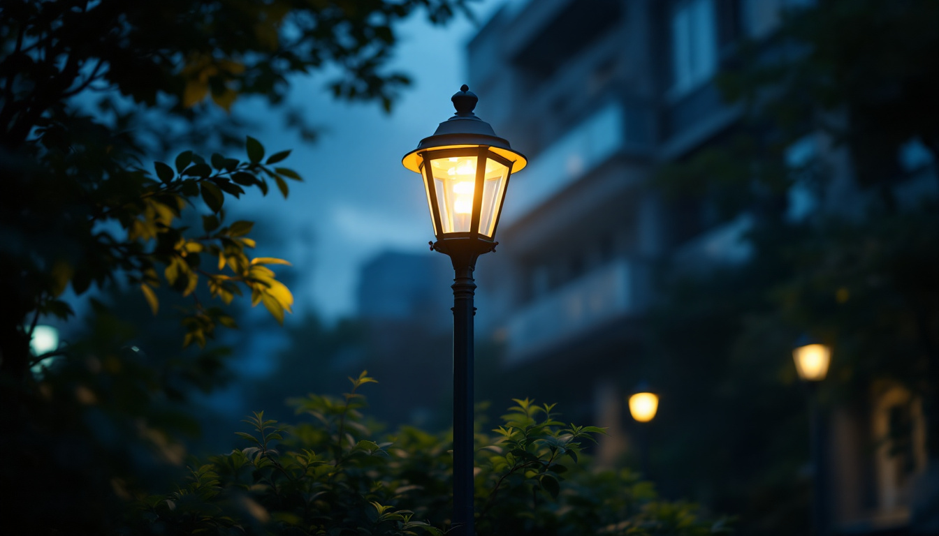 A photograph of a beautifully illuminated lamp post street light in a serene urban setting