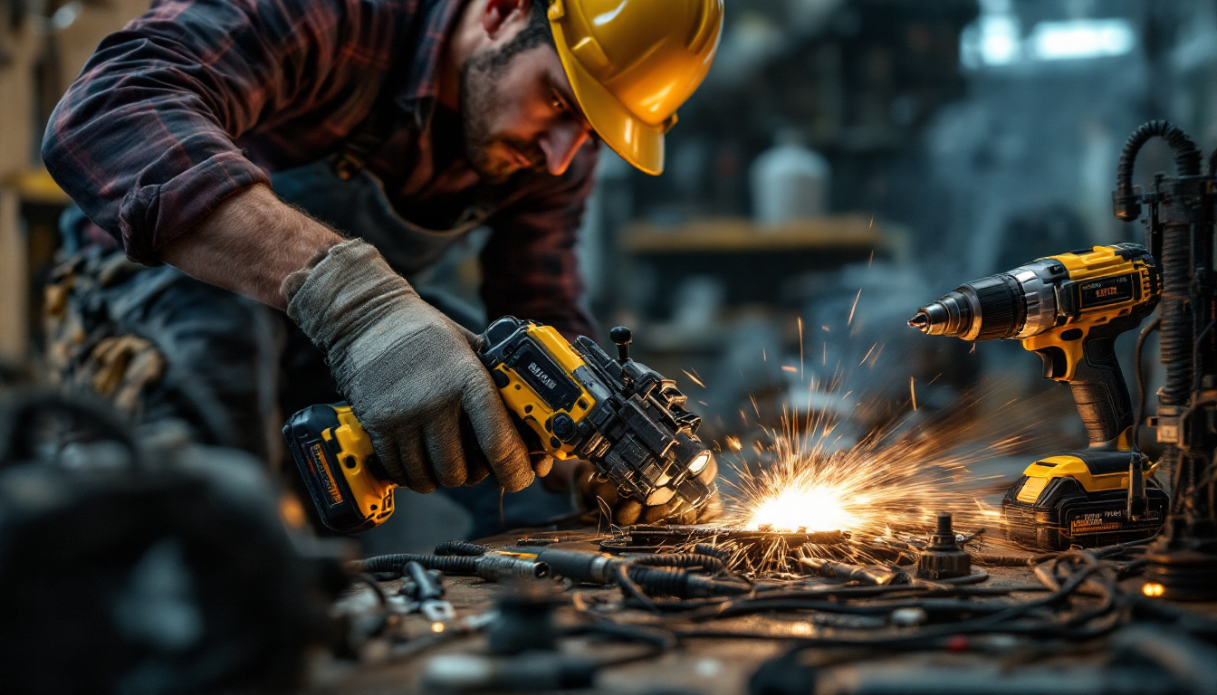 A photograph of an electrician skillfully using a variety of specialized electrical tools in a dynamic work environment