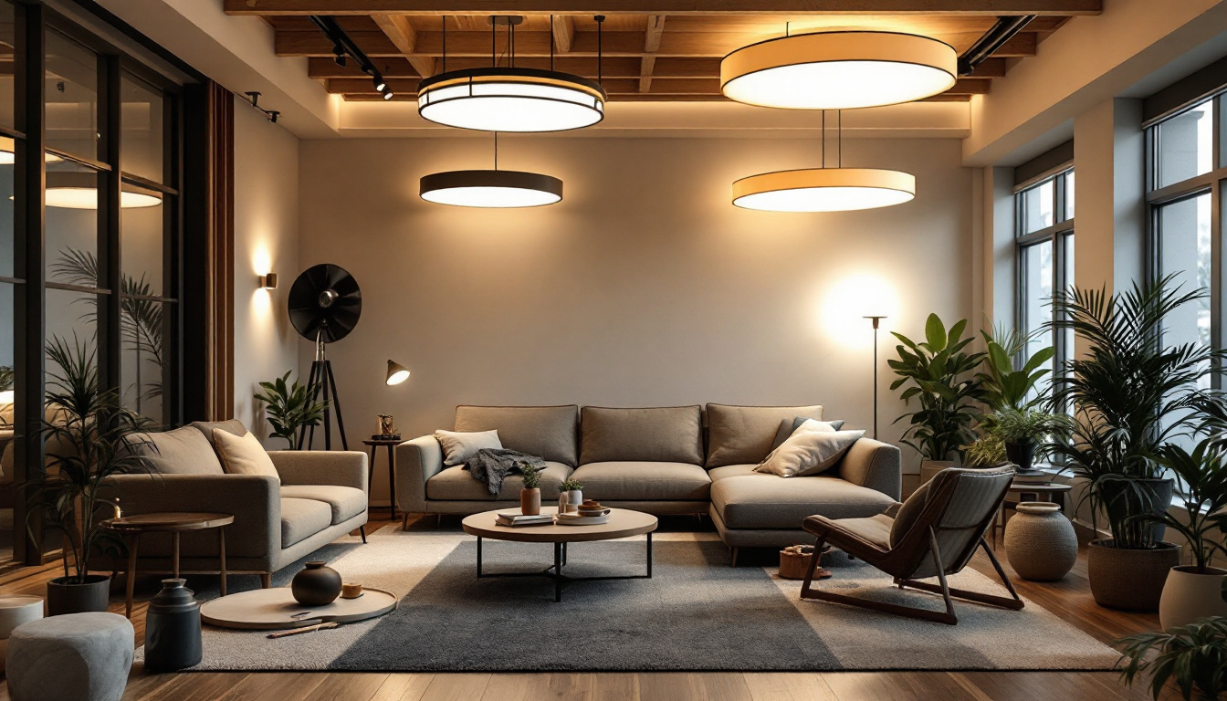 A photograph of a beautifully designed lounge space showcasing various ceiling lighting fixtures