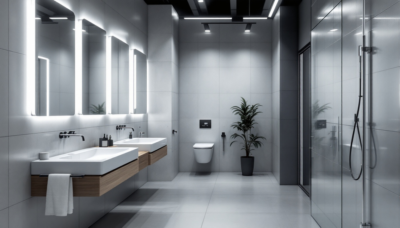 A photograph of capture a photograph of a modern industrial or commercial bathroom showcasing sleek led lighting fixtures that highlight their innovative design and energy efficiency