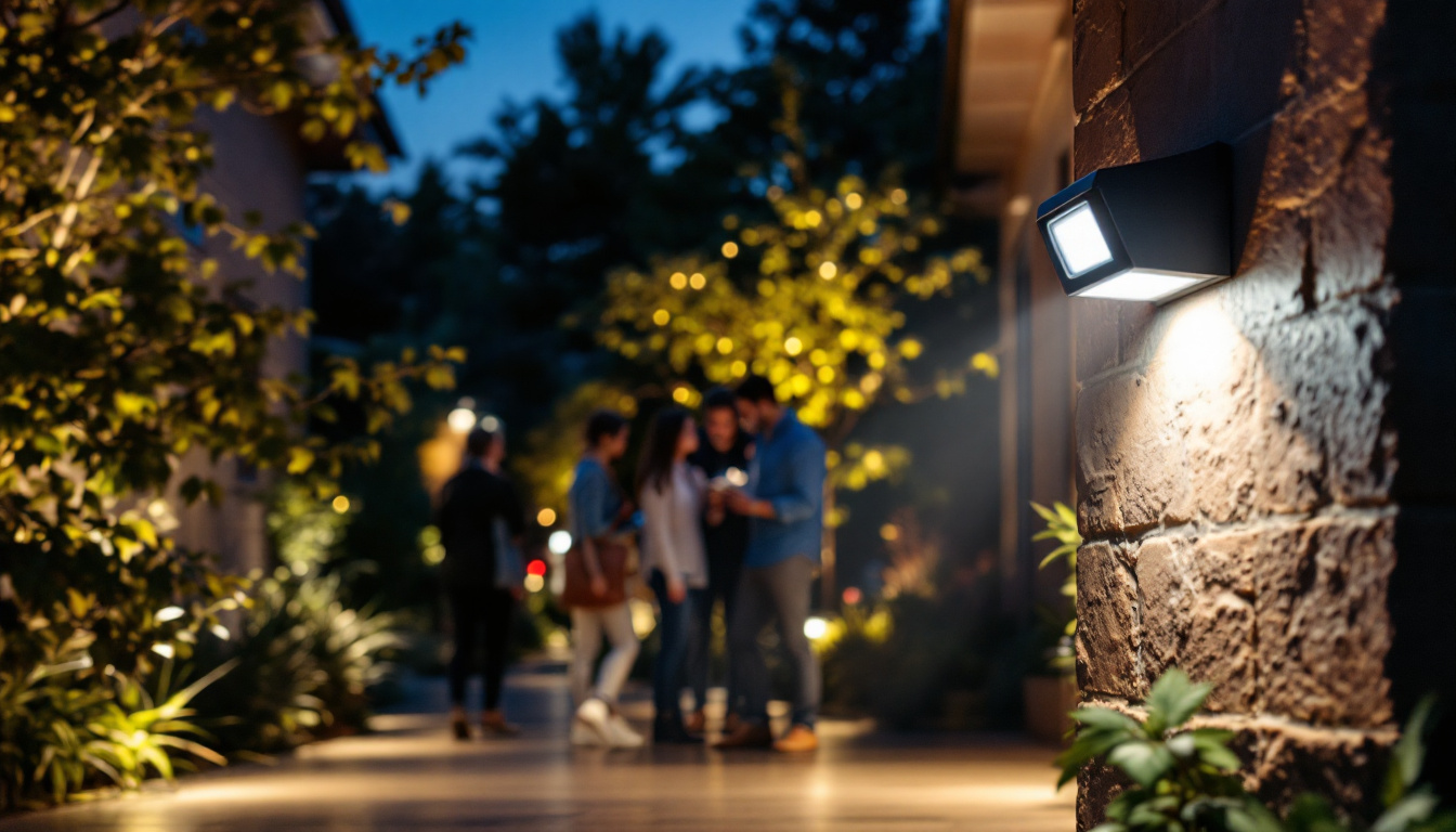 A photograph of a well-lit outdoor setting showcasing led motion sensor lights in action