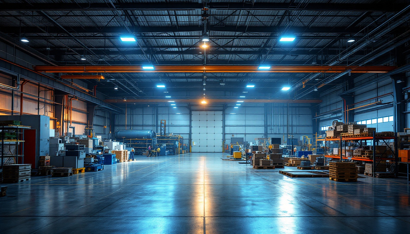 A photograph of a well-lit industrial workspace showcasing led flood lights illuminating various commercial activities