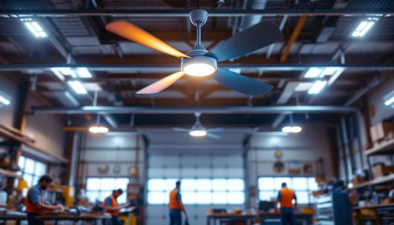 A photograph of a spacious workshop or garage setting featuring a sleek