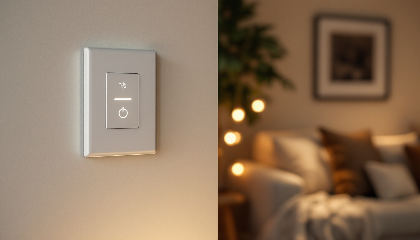 A photograph of a well-lit room featuring a modern light switch with a timer