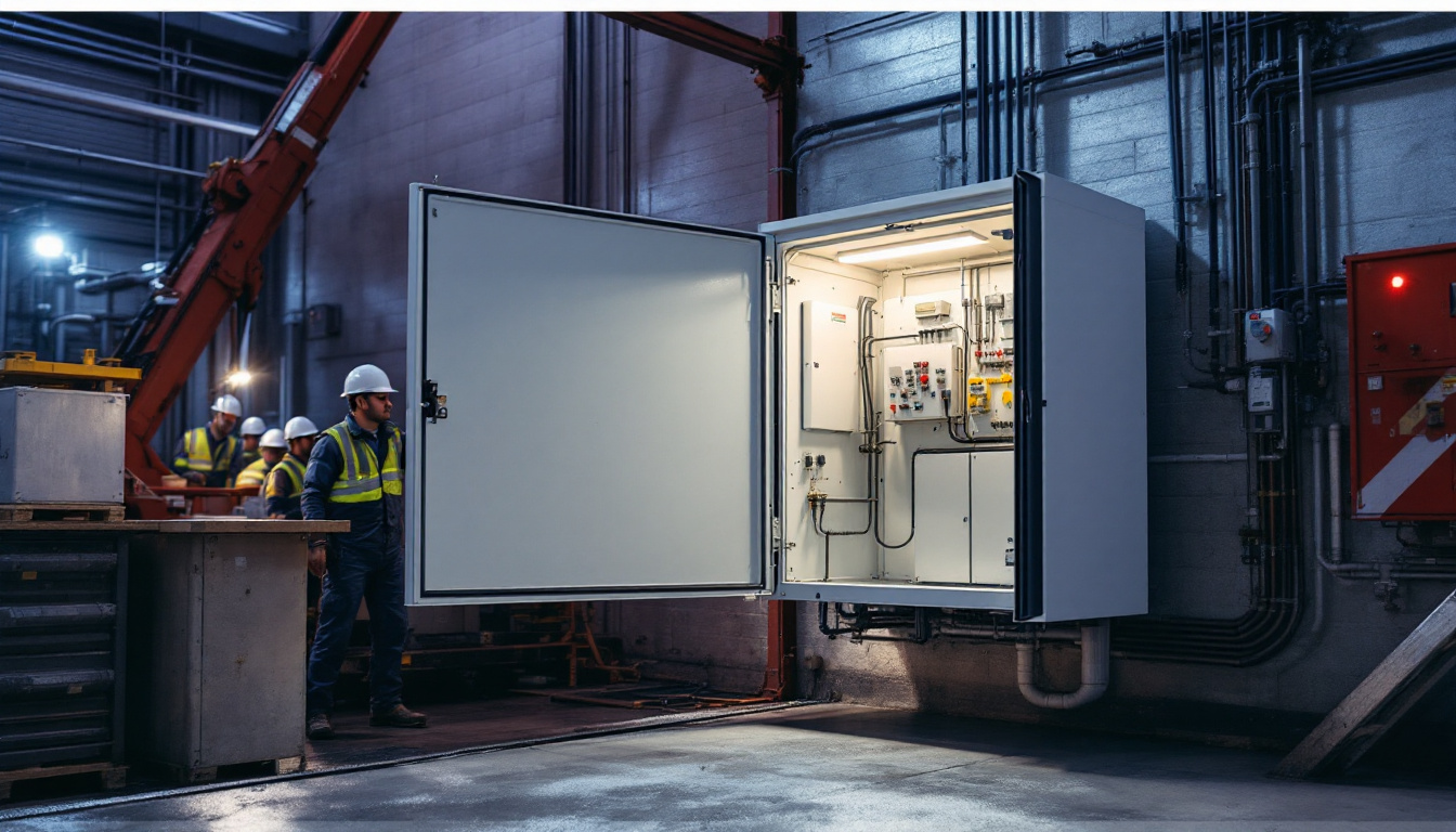 A photograph of capture a photograph of a large exterior mountable box installed in an industrial or commercial setting