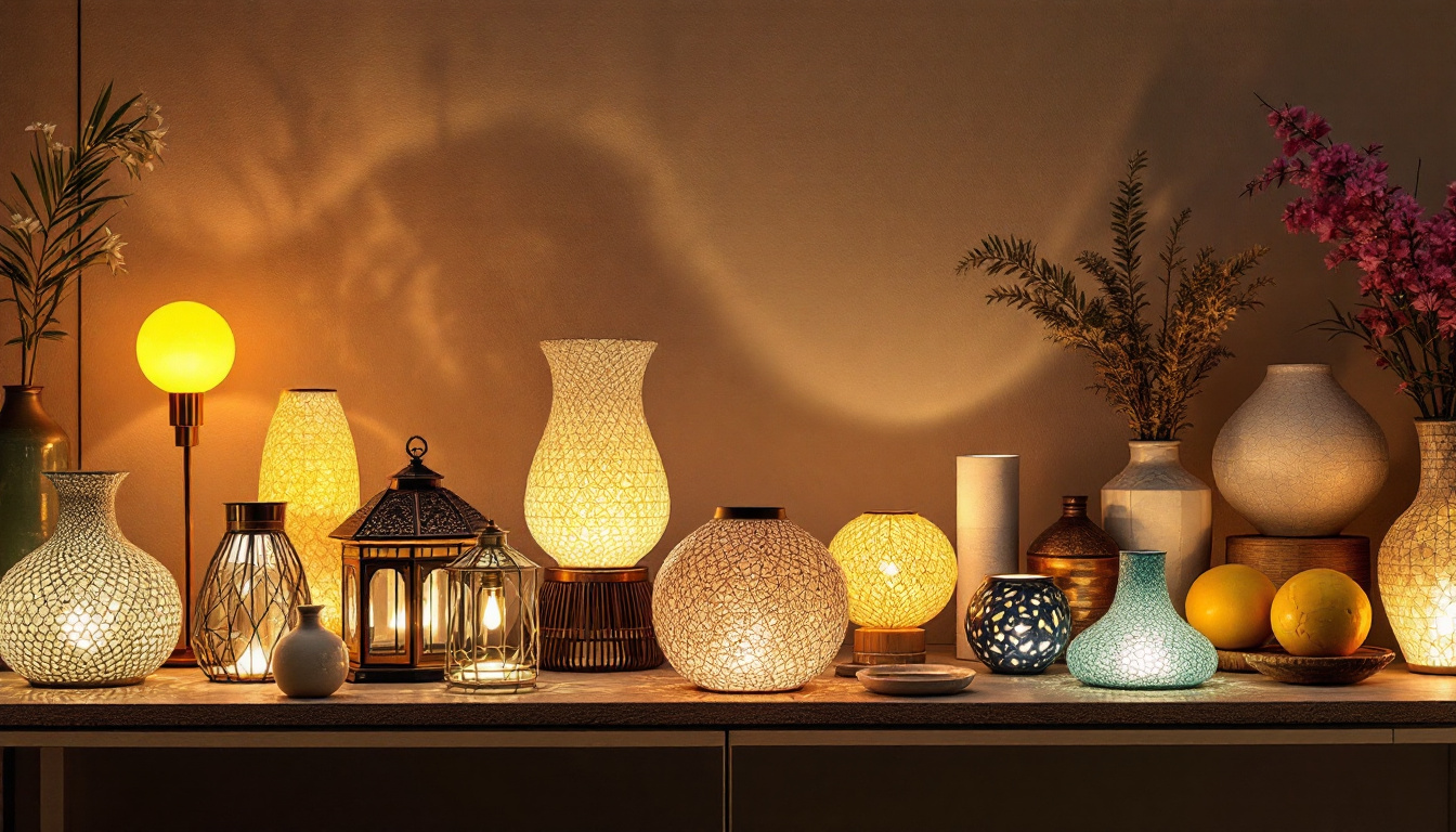 A photograph of a beautifully arranged display of various lamp holders in different styles and materials