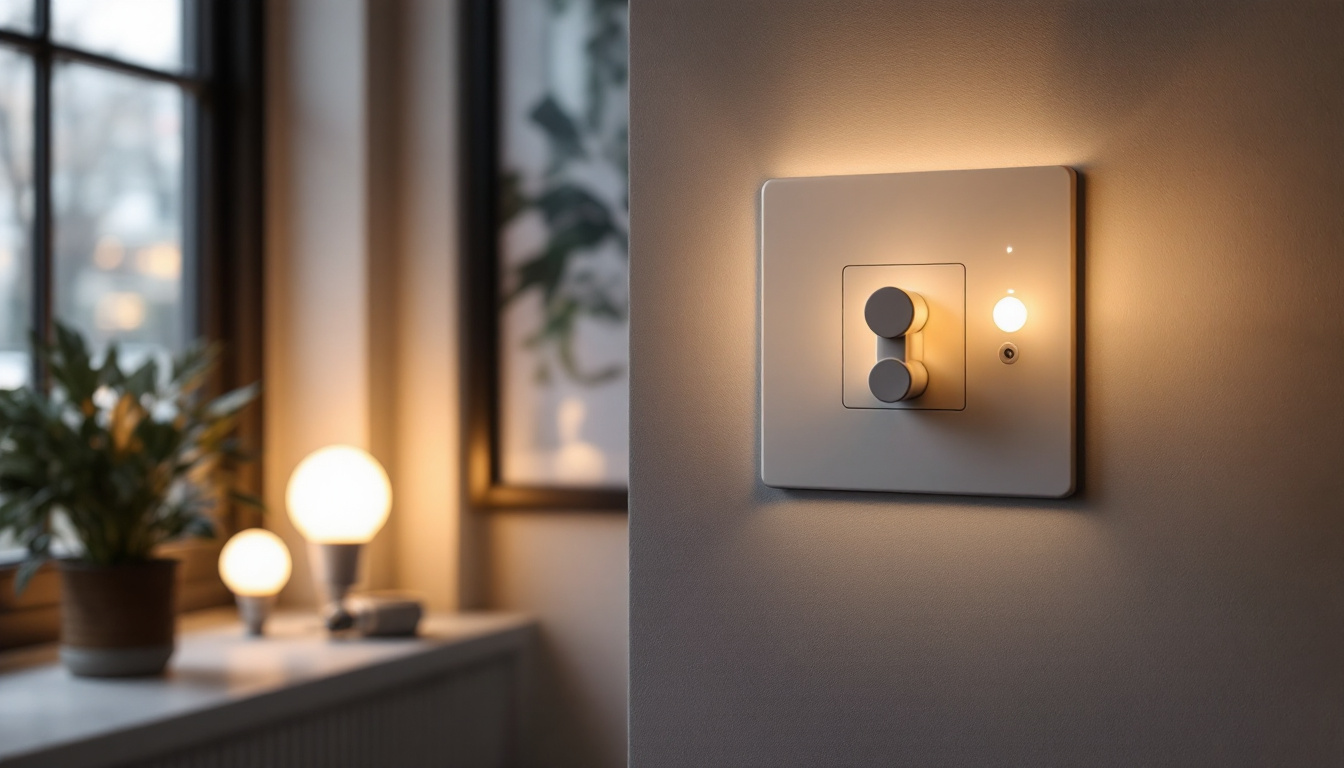 A photograph of a stylishly designed dimmer switch alongside a variety of dimmable led bulbs in a well-lit room