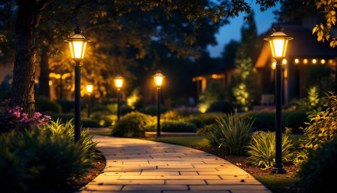 A photograph of a beautifully illuminated outdoor space featuring strategically placed light post lights that enhance the ambiance and highlight key landscaping elements