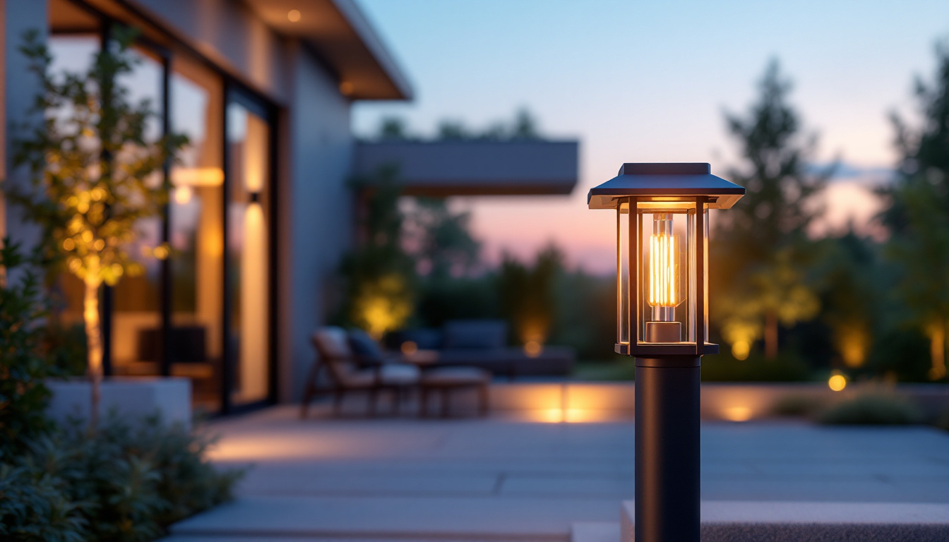 A photograph of a stylish outdoor post lantern illuminating a contemporary outdoor space