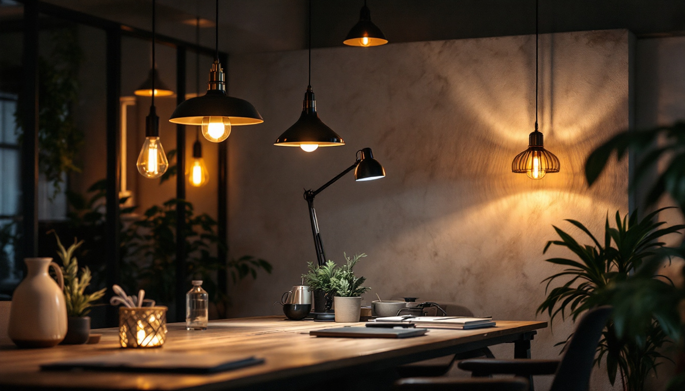 A photograph of a modern office space featuring various stylish light fixtures in use