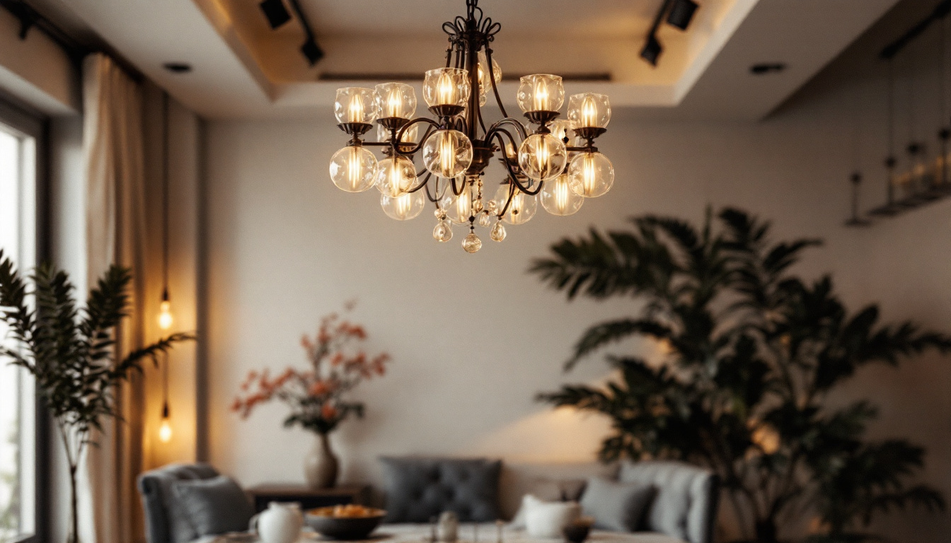 A photograph of a beautifully arranged chandelier in a stylish setting