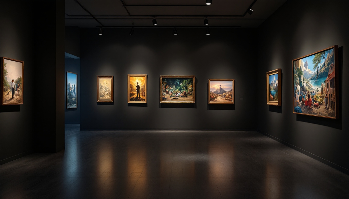 A photograph of a well-lit gallery space showcasing various artworks