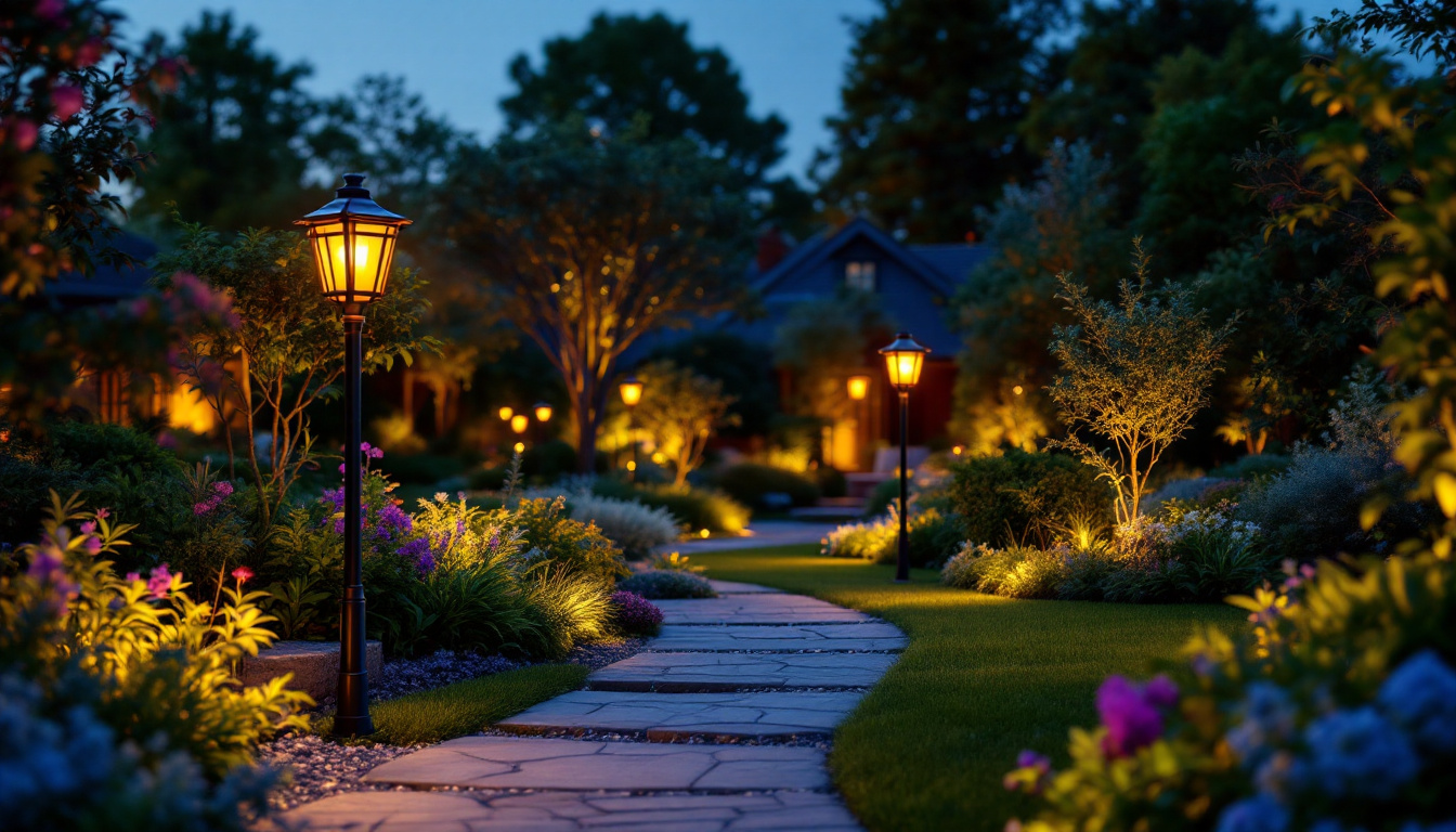 A photograph of a beautifully landscaped garden at dusk